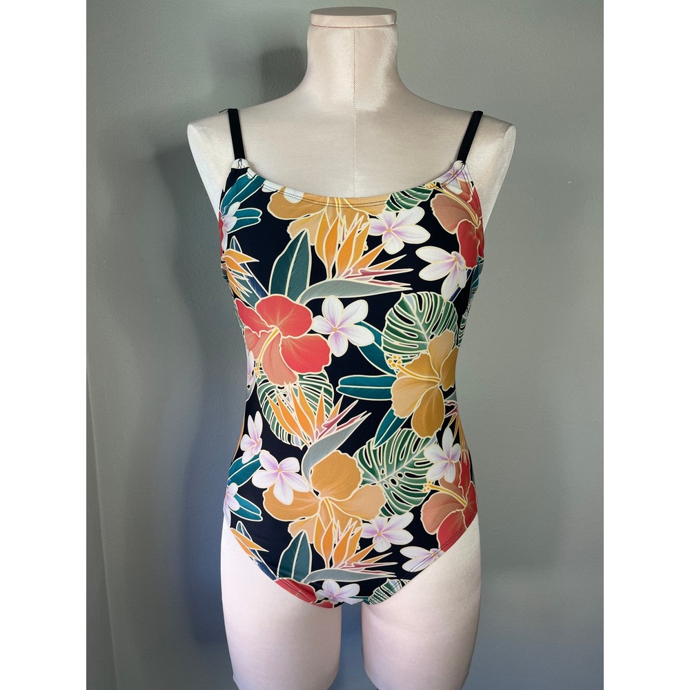 Hurley Swimsuit Black Floral Tropical Strappy Back One Piece Small